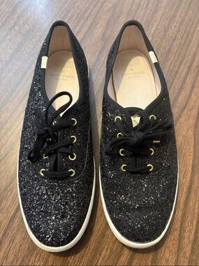 Kate spade x KEDS Size 10 Black Champion Glitter Lace Up Sneakers Gold Eyelets